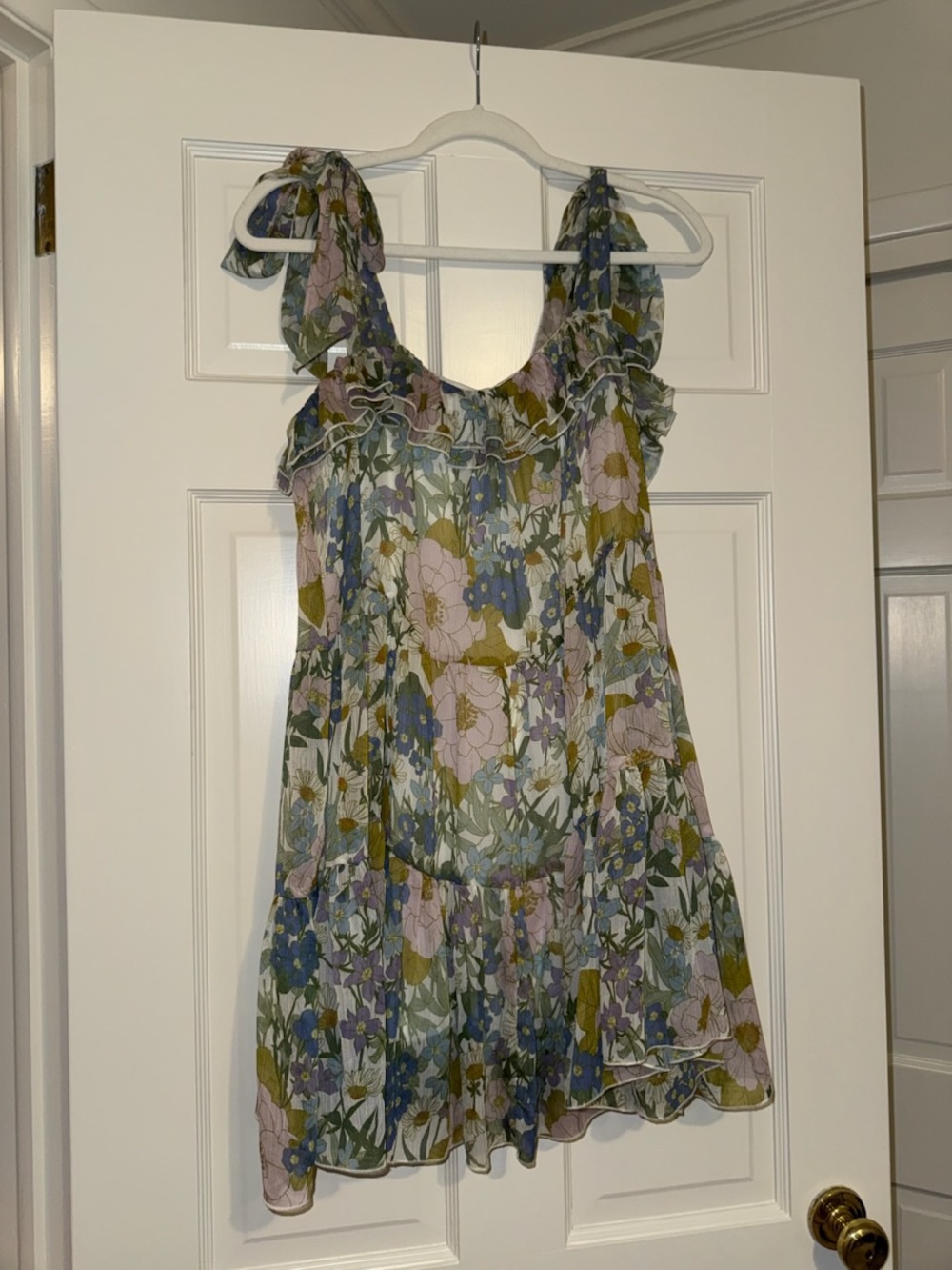 Floral Ruffle Tie-Shoulder Mini Dress - Blue, Pink, Olive